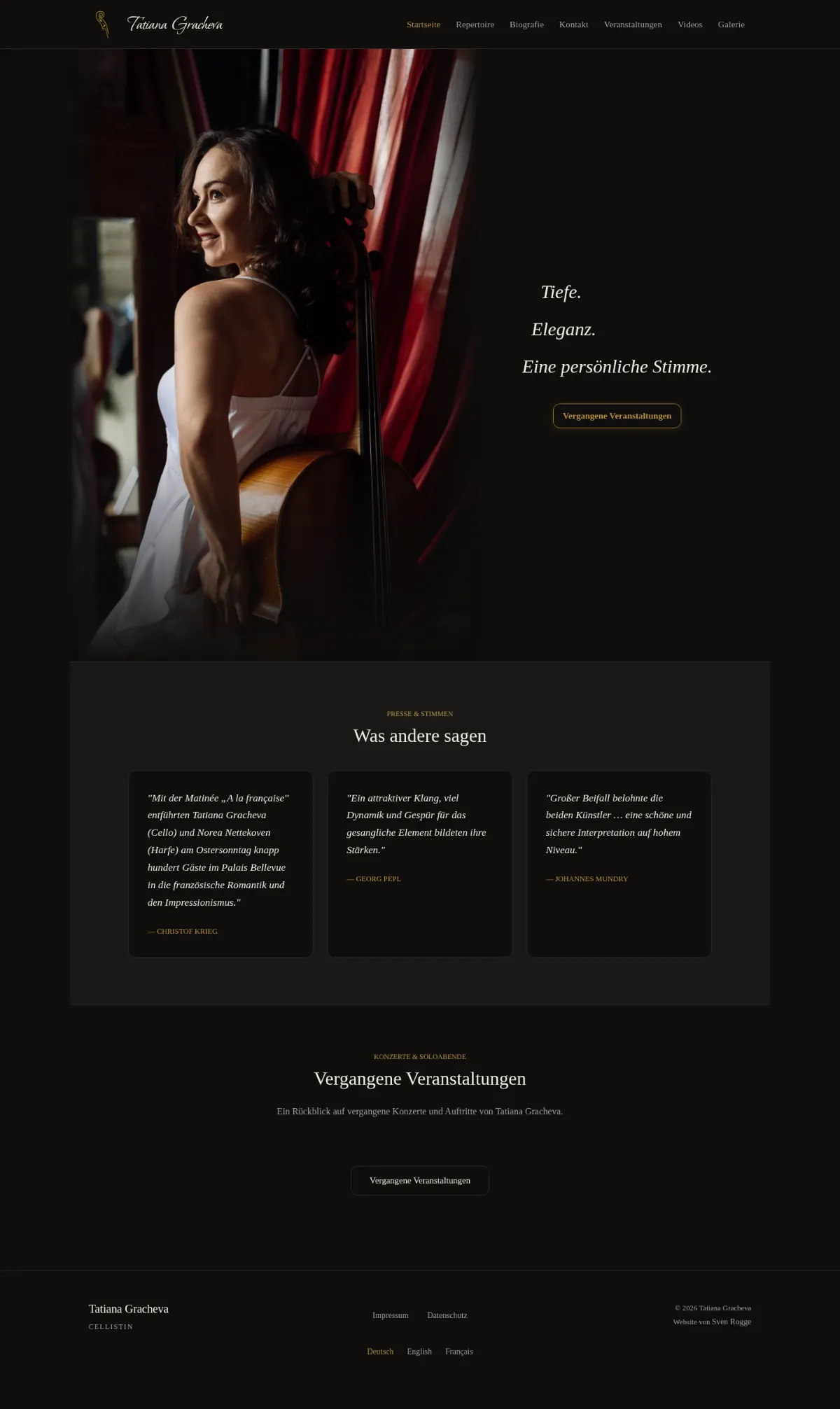 Startseite von tatiana-gracheva.com: ein Foto von Tatiana Gracheva mit ihrem Cello neben den Worten „Tiefe. Eleganz. Eine persönliche Stimme.“