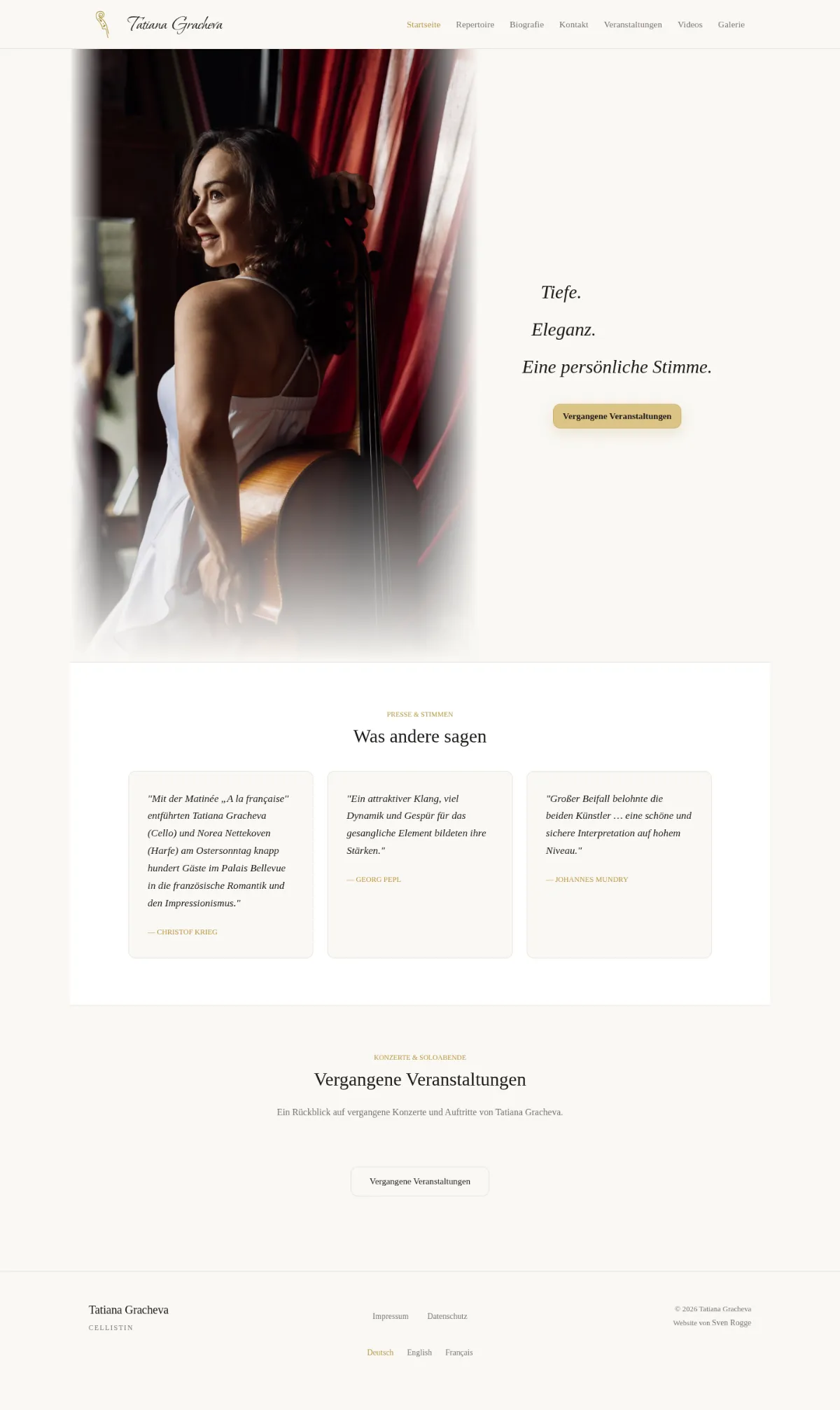 Startseite von tatiana-gracheva.com: ein Foto von Tatiana Gracheva mit ihrem Cello neben den Worten „Tiefe. Eleganz. Eine persönliche Stimme.“